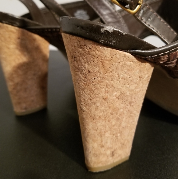 KENNETH COLE REACTION BROWN WOVEN CORK BLOCK HEELS SANDALS DAZEY SEXY BUCKLE 9 - Picture 6 of 8